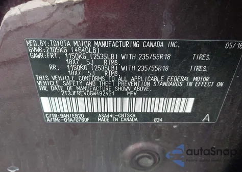 2016 Toyota Rav4 Se from USA, damaged, VIN 2T3JFREV0GW492451